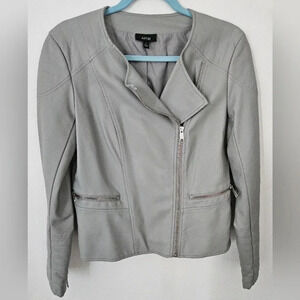 APT 9 Women Gray Faux Leather Moto Jacket Collarless Zipper‎ Front Size S